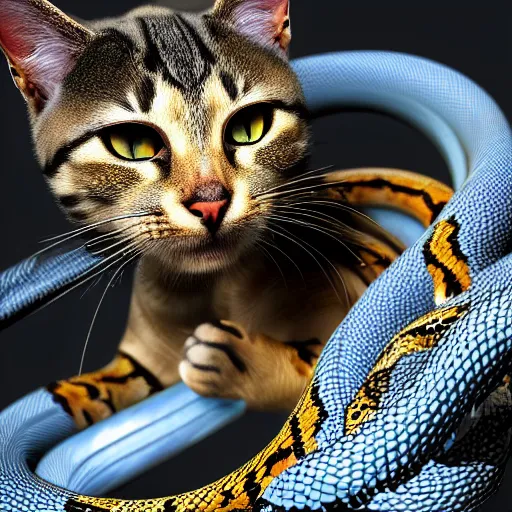 Prompt: a cat clawn playing with a cobra snake in the circus HD photo superrealism 3d 8k resolution