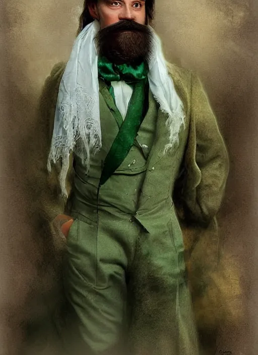 Prompt: an old french baron, long hair, wear an elegant mustach, white scarf, green shirt by artgem, digital art, highly detailled