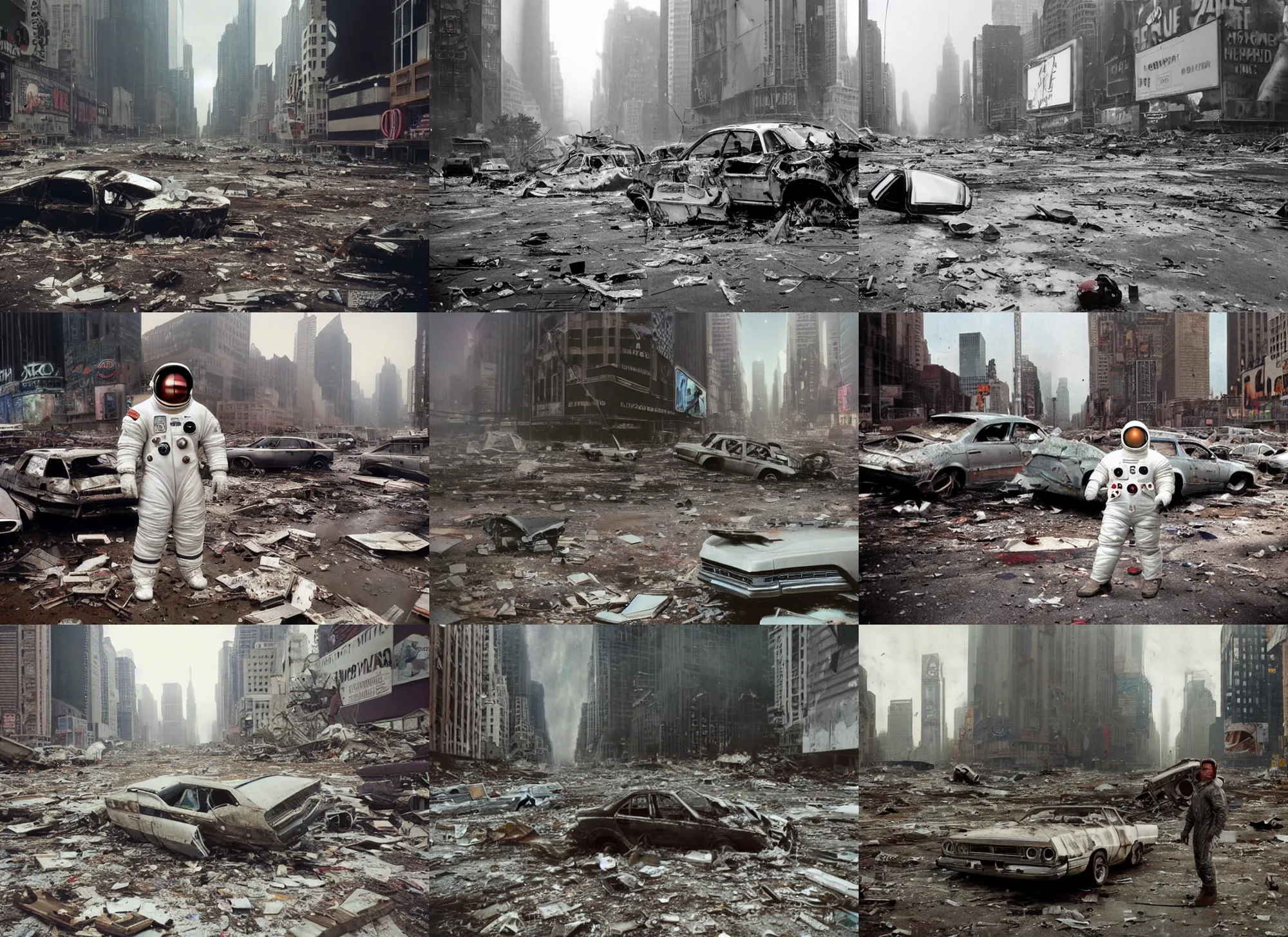 Prompt: very realistic photographs of american white spacesuit chubby astronaut in giant flood postapocalyptic abandoned destroyed times square, wrecked buildings, destroyed flipped wrecked cars, pinhole photo, vintage, neutral colors, documentary still by gregory crewdson