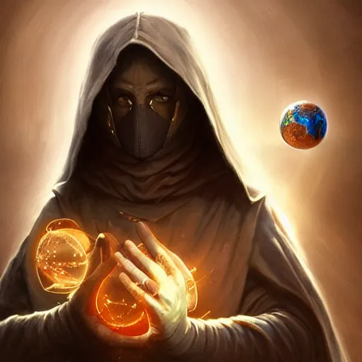 Image similar to creator of worlds wearing a cloak, masked, and holding a holographic planet projection in his hand, detailed, sci - fi, digital painting, artstation, sharp focus, illustration, ominous, artgerm, tomasz alen kopera, peter mohrbacher, donato giancola, joseph christian leyendecker, wlop, frank frazetta