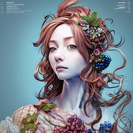 Prompt: the portrait of a blueberry that resembles an absurdly beautiful, graceful, elegant, sophisticated mature girl, an ultrafine hyperdetailed illustration by kim jung gi, irakli nadar, intricate linework, bright colors, octopath traveler, final fantasy, unreal engine 5 highly rendered, global illumination, radiant light, detailed and intricate environment