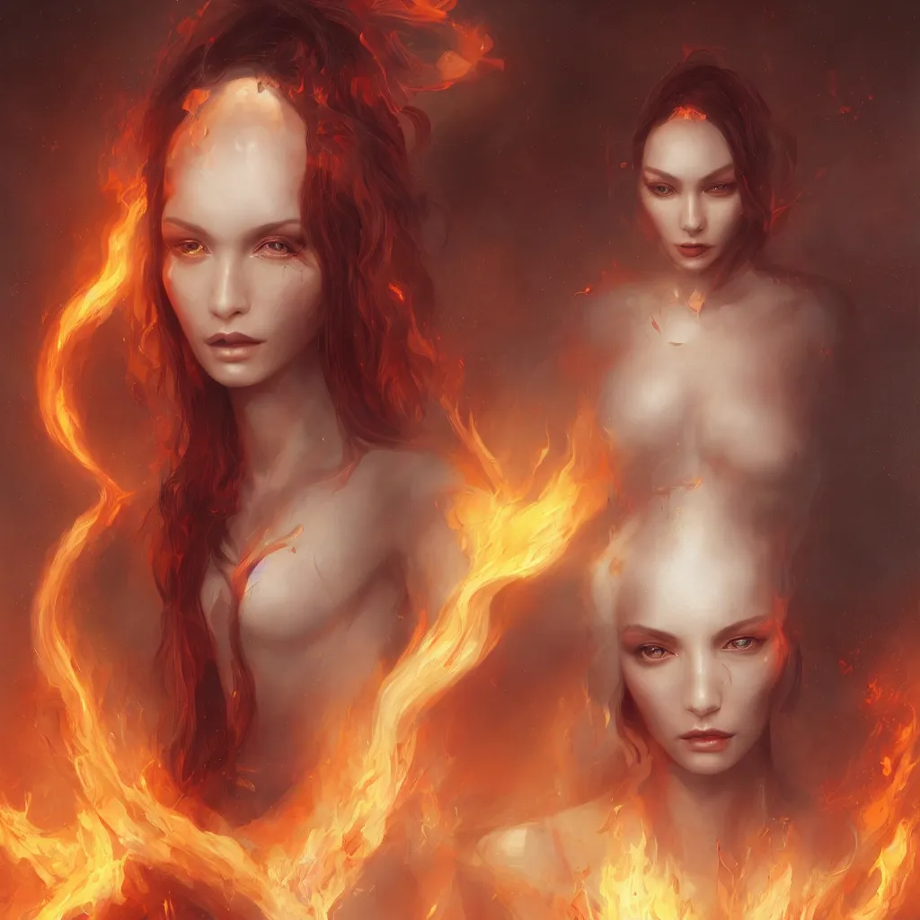 Prompt: a beautiful portrait of a single flame goddess by Jim Burns and Tom Bagshaw, Trending on Artstation, Flaming Background