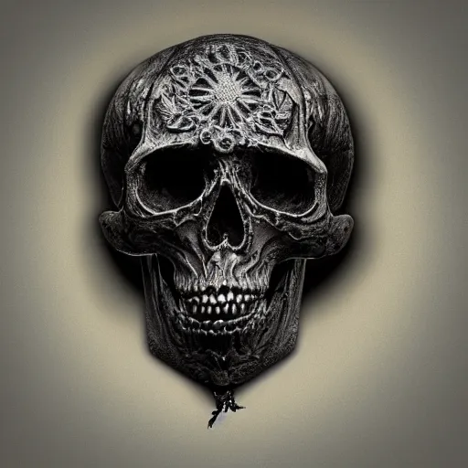 Image similar to gothic sculpture of skull with decorative floral design, deep texture, intense detail, hyperealism, 4 k