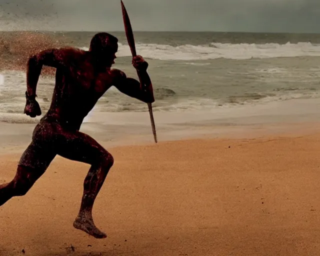 Image similar to single spartan running on australian beach, epic award winning action cinematic still from the movie 3 0 0