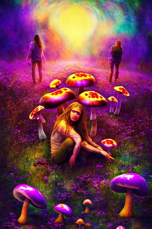 Image similar to hyperrealistic portrait of melting hippies - epic cinematic mushrooms with psychedelic field of flowers, highly detailed smooth digital art masterpiece, pablo amaringo dramatic low light, ground angle uhd 8 k, sharp focus