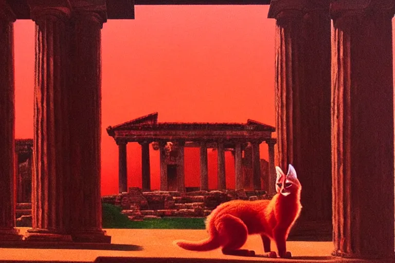 Image similar to only with red, a red cute fluffy caracal, ancient greek temple, marble columns, in the style of beksinski, parts by edward hopper, parts by rodcenko, parts by yue minjun, intricate and epic composition, red by caravaggio, insanely quality, highly detailed, masterpiece, red light, artstation, 4 k