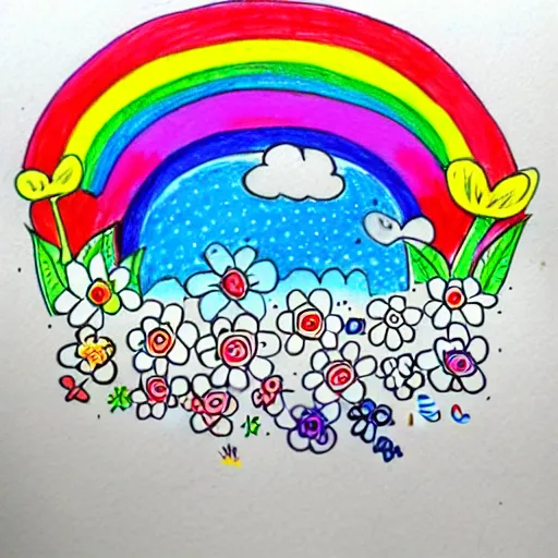 Image similar to fun doodle characters, flowers, rainbows, toilet seats, drawn with a fineliner pen on a white paper