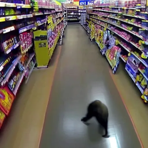 Prompt: cctv footage of gorilla in walmart, high angle security camera feed, blurry and glitchy,