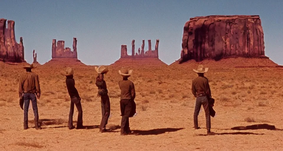 Image similar to film still showing cowboys looking at a gigantic abstract sculpture in the desert directed by Sergio Leone, western, monument valley, cinemascope, technicolor