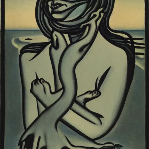 Image similar to A beautiful computer art of a human-like creature with long, stringy hair. The figure has no eyes, only a mouth with long, sharp teeth. The creature is standing on a cliff overlooking a dark, foreboding sea. by Alexander Archipenko composed, imposing