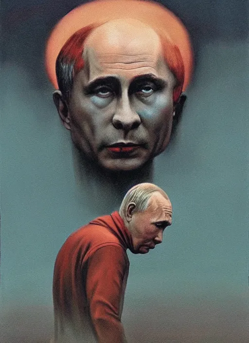 Image similar to Painting in a style of Beksinski featuring Vladimir Putin. Disturbing