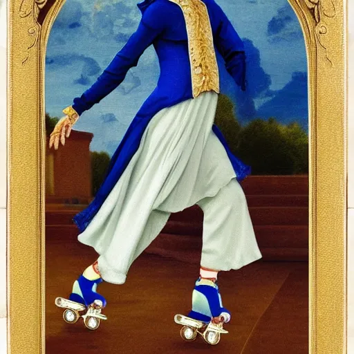 Image similar to blonde nun in blue clothes on roller skates, photorealistic, baroque style