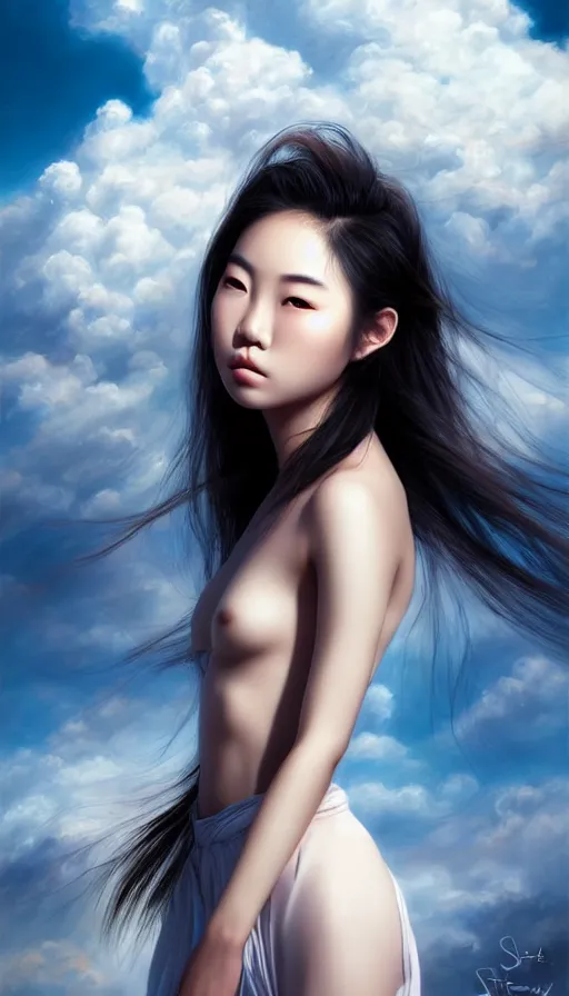 Image similar to photo of a gorgeous young asian girl , searching for eternity, made of clouds, duality in the style of stefan kostic, hyper realistic, sharp focus, 8k high definition, high fashion, vogue, insanely detailed, intricate, elegant, art by stanley lau and artgerm