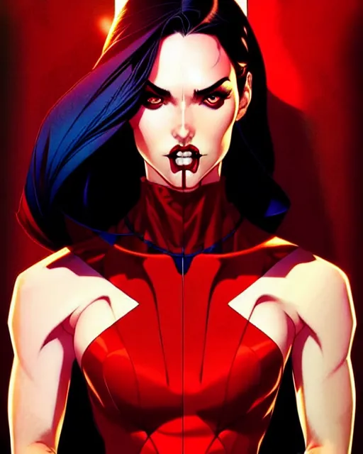 Image similar to artgerm, joshua middleton comic cover art, full body pretty megan fox vampire sharp teeth, red dress, symmetrical eyes, symmetrical face, long curly black hair, dark castle background background, cinematic lighting