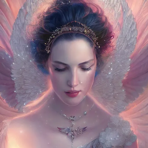 Image similar to A beautiful digital painting of a female angel full of jewels, princess, the moon behind her, intricate, cinematic lighting, highly detailed, digital painting, Artstation, concept art, smooth, sharp focus, illustration, art by Tom Bagshaw, Artgerm and Greg Rutkowski