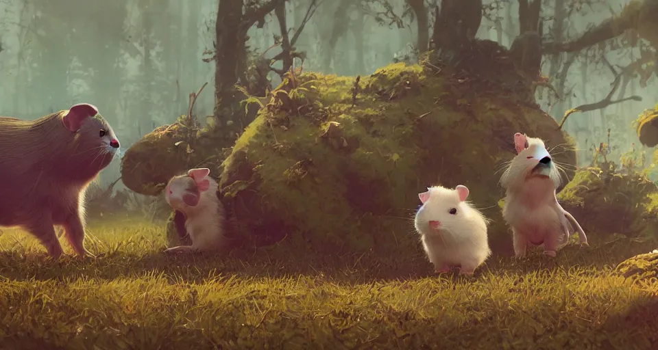 Image similar to a realistic cute guineapigs everywhere, by simon stalenhag, frank frazetta, greg rutkowski, beeple, yoko taro, christian macnevin, beeple, epic fantasy character art, volumetric outdoor lighting, midday, high fantasy, cgsociety, cheerful colours, full length, exquisite detail, post - processing, masterpiece, cinematic