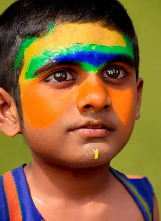 Image similar to a young indian boy with saffron white and green stripes painted on his face, indian flag, chakra in the center