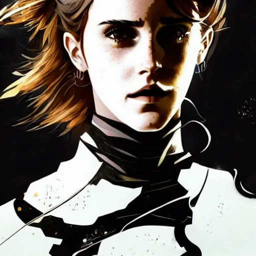 Prompt: fashion model emma watson wearing metal gear armour art by Hokusai by greg rutkowski by wlop high detail comic sharp vector lineart dramtic lighting artstation by trevor henderson by rossd raws cinematic