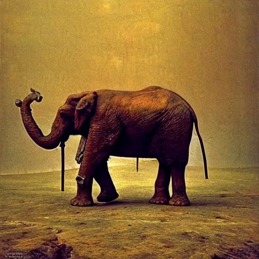 Image similar to ancient war elephant in ancient armor, beksinski