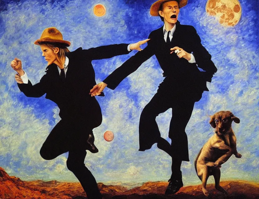 Image similar to an oil painting of david bowie wearing a fedora, kicking a puppy on the moon. painted by monet. baroque elements. baroque element. intricate artwork by caravaggio. oil painting. oil on canvas. award winning. dramatic. trending on artstation. 8 k