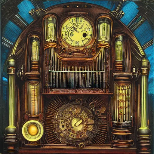 Image similar to steampunk pipe organ lp album art, intricate detail, mechanical, baroque oil painting by alan lee and jim burns