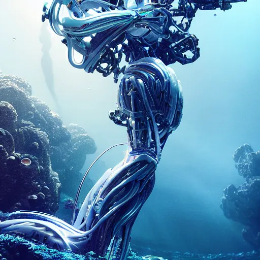 Prompt: biomechanical mecha white mermaid underwater, rays of light. Style of westworld, cables, lights, searchlight, weta digital, octane render, insane details, ultra realistic, beatifully lit, reflections