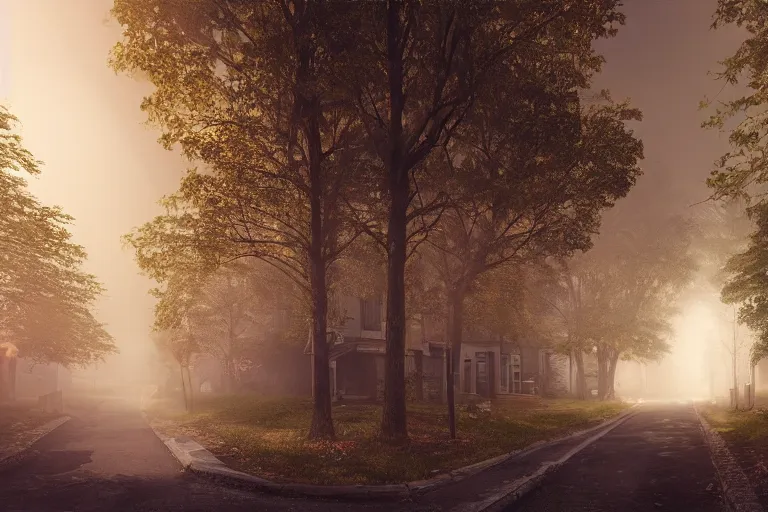 Prompt: street both sides lined with haunted houses, photo realistic octane render, volumetric lighting, magic fog, sunlight through the trees cinematic, hyperrealistic, fog, cinematic lighting, volumetric lighting, tranquillity, hyper detailed, enhanced hd, ultra view, 8 k