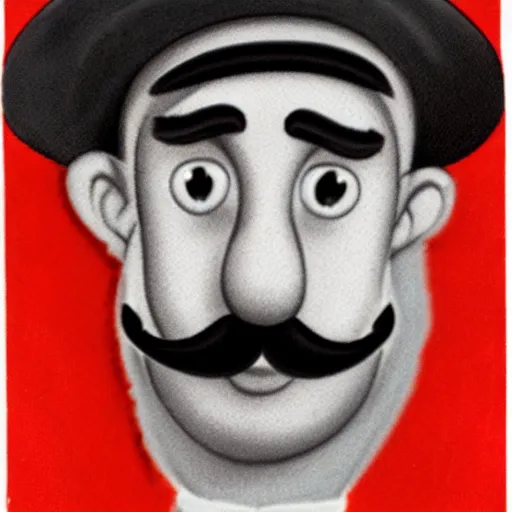 Image similar to photo of a dark haired man with long face, dark brown eyes and eyelashes, moustache, long nose, stubble wearing red newsboy cap like mario