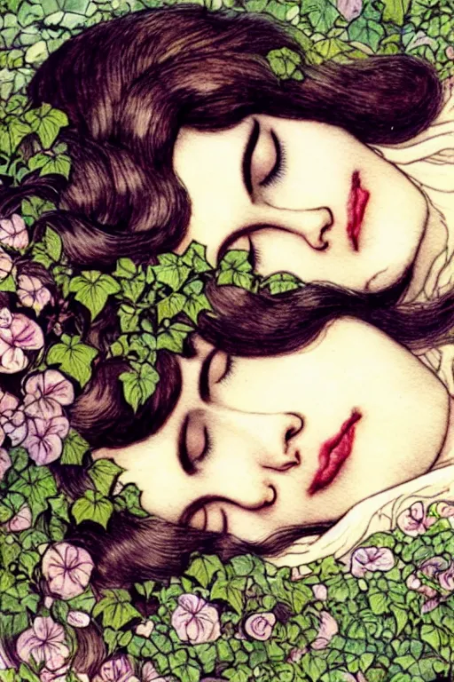 Image similar to closeup face shot of sleeping woman with long hair on a bed surrounded by ivy and flowers, fantasy art, trending on artstation, sleeping beauty fairytale, art by hans zatzka and walter crane and kay nielsen, watercolor illustration,