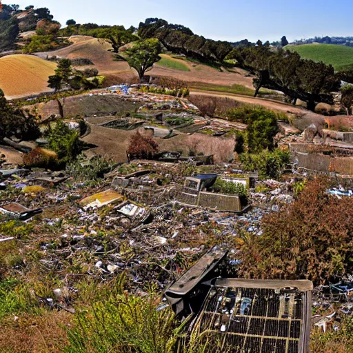 Image similar to sonoma hillside bliss screensaver with many broken dilapidated old computers graveyard, wide angle lens