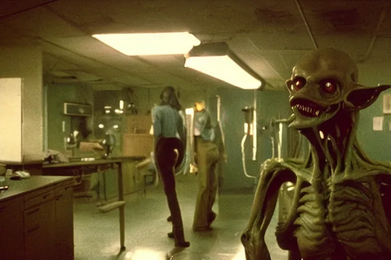 Image similar to a scary filmic wide shot color ground level angle movie still 35mm film photograph of the full body of a dangerous shape shifting alien creature, with multiple mutated snarling drooling human faces with a grotesque variety of human and animal limbs protruding from its lower torso inside of a 1970s science lab, neon lights, dirty, ektachrome photograph, volumetric lighting, f8 aperture, cinematic Eastman 5384 film