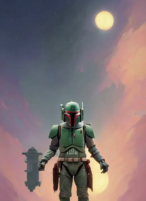 Image similar to symmetry! highly detailed portrait of boba fett, shallow focus!!!. fantasy art by greg rutkowski, loish, rhads, ferdinand knab, makoto shinkai and lois van baarle, ilya kuvshinov, rossdraws, tom bagshaw, alphonse mucha, global illumination, radiant light, space station.