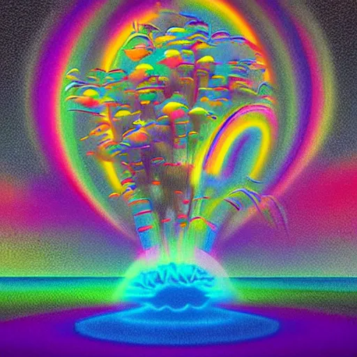 Prompt: ultradetailed matte Electronic 3D Art of an exploding rainbow by beeple:2, Alex Grey, Charles Schulz, Dr. Seuss, Roberto da Matta, featured on Artstation, digital art, rectilinear.