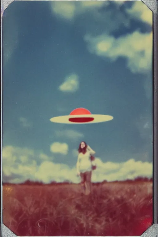 Image similar to vintage polaroid of a beautiful woman spotting a ufo in the sky, seen from behind, detailed clouds, warm azure tones, red color bleed, film grain