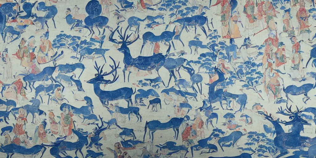 Prompt: beautiful dunhuang murals, blue, white deer