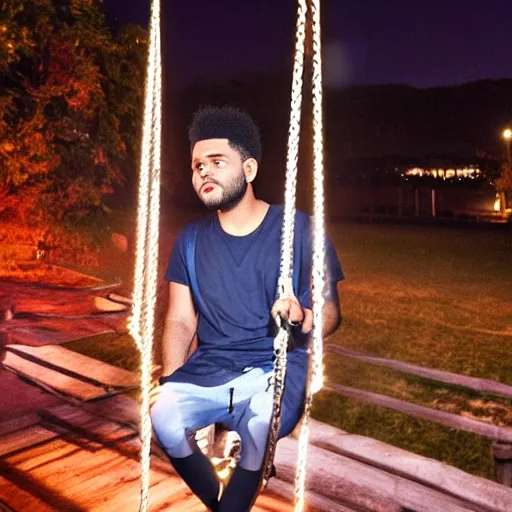 Image similar to photograph of the Weeknd wearing shorts swinging on a swing at night neon lights