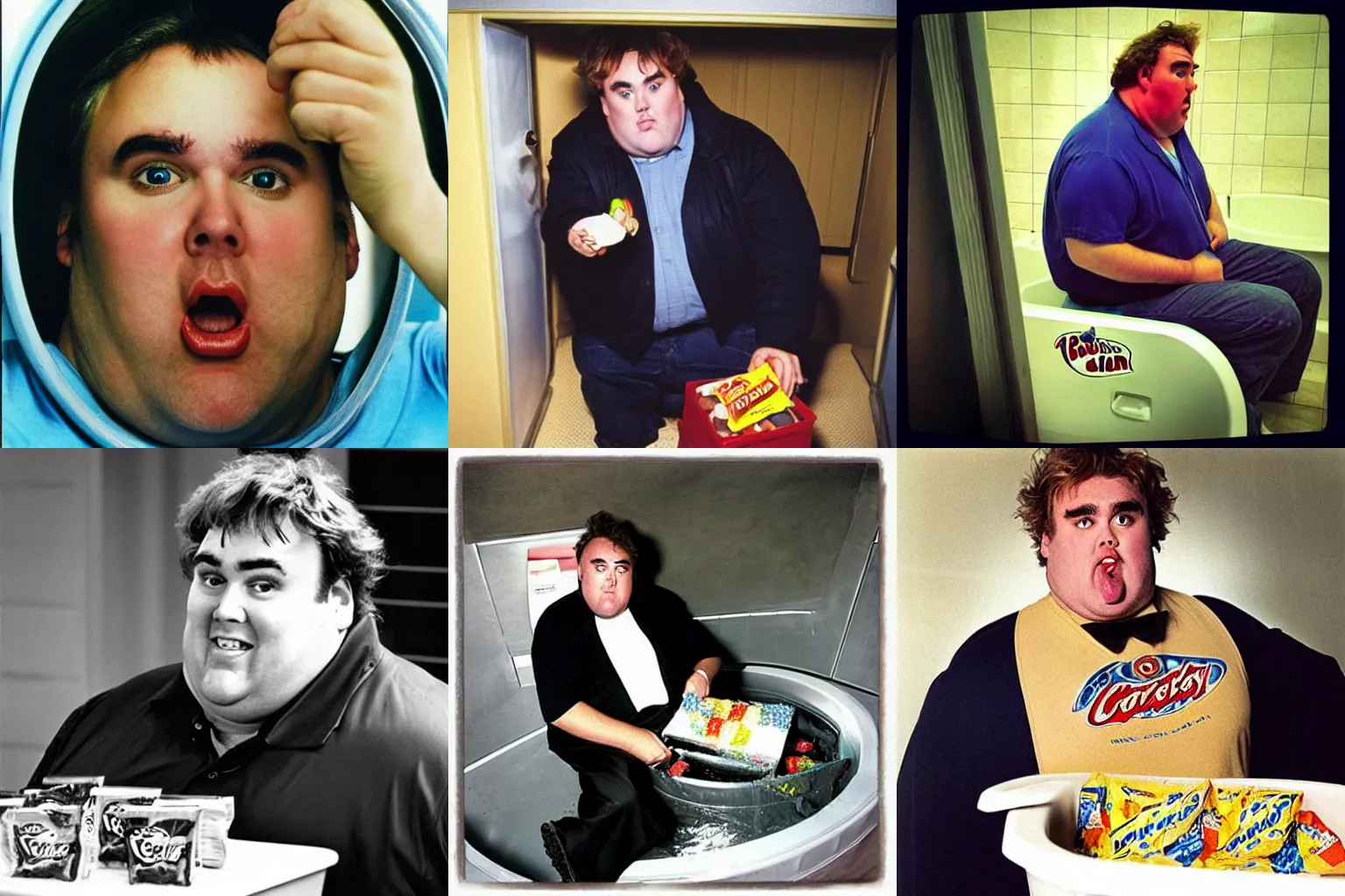 Prompt: “John candy eating candy in a portajohn”