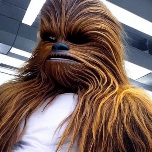 Image similar to chewbacca as a fashion model, instagram selfie, hidden product advertisement