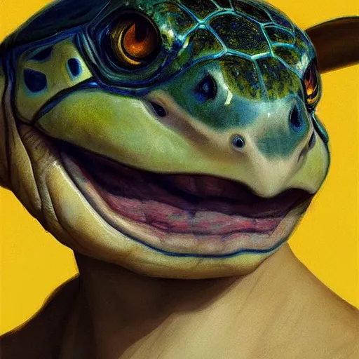 Prompt: A head-on detailed oil portrait of a beautiful mutant turtle with pale blue eyes and long yellow hair by greg rutkowski and artgerm, trending on artstation