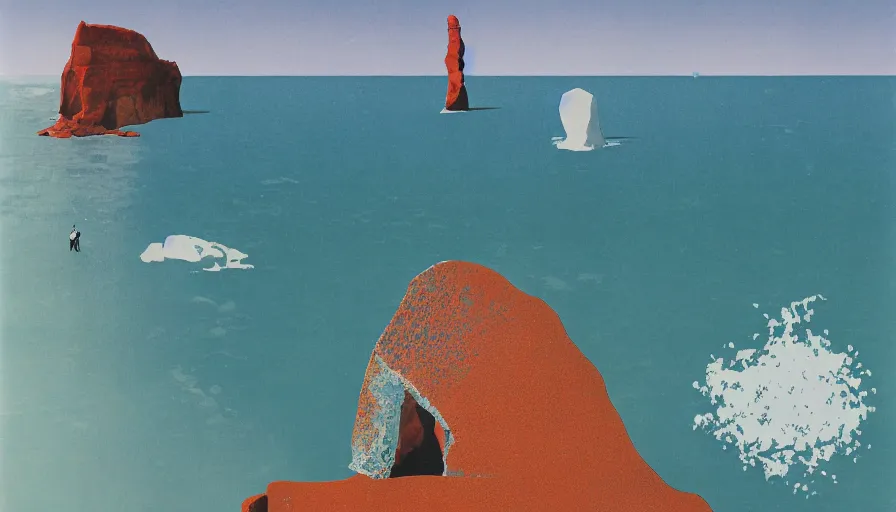 Image similar to a poster about Percé Rock, a rock with a hole in it in the sea, by Bauhaus and John Baldessari