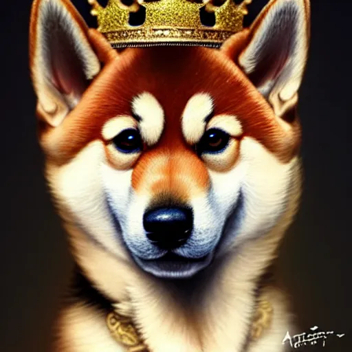 Image similar to portrait painting of a cute shiba inu king with crown, ultra realistic, concept art, intricate details, eerie, highly detailed, photorealistic, octane render, 8 k, unreal engine. art by artgerm and greg rutkowski and charlie bowater and magali villeneuve and alphonse mucha