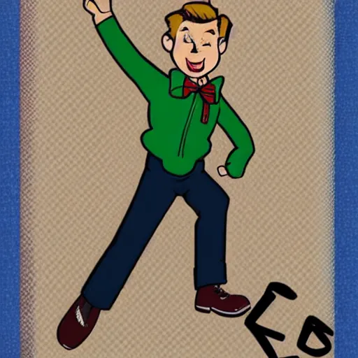 Prompt: Archie Andrews wearing a green bow tie and a black sweater vest with a letter R on it, highly detailed