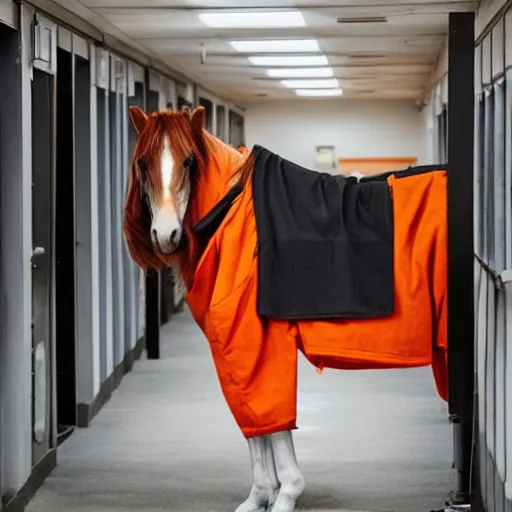 Image similar to horse with orange inmate clothes, in a jail