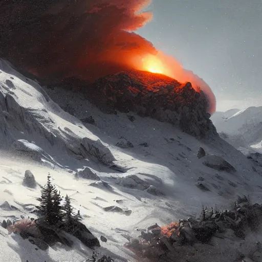 Prompt: an nuclear explosion in blizzardy mountains, Matte painting , detailed painting, greg rutkowski