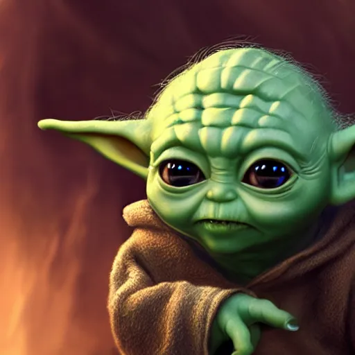 Image similar to Baby Yoda, portrait, fantasy, medieval, vivid colors, elegant, concept art, sharp focus, digital art, Hyper-realistic, 4K, Unreal Engine, Highly Detailed, HD, Dramatic Lighting by Brom, trending on Artstation