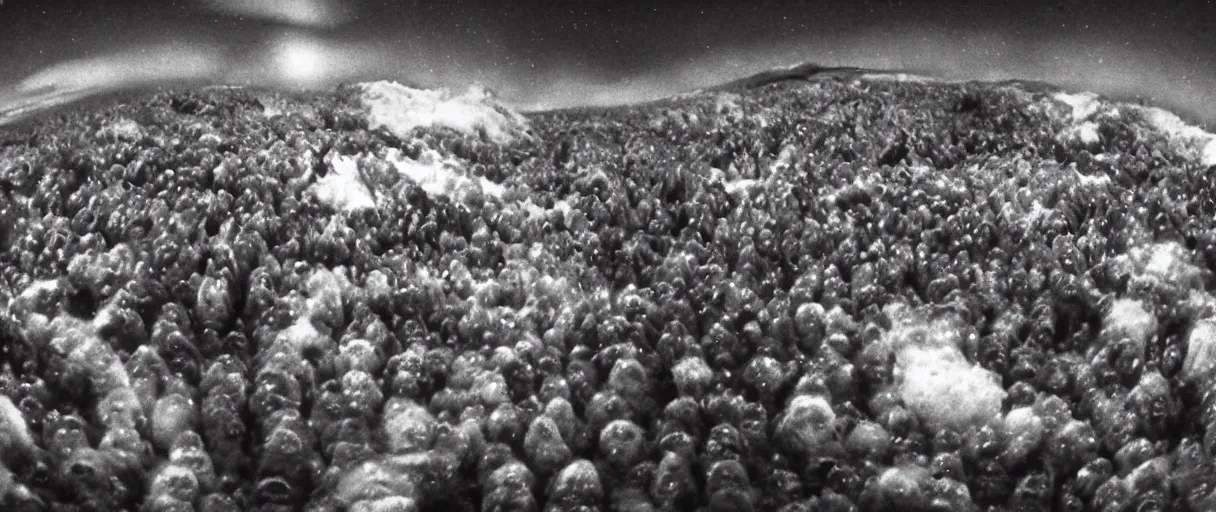 Prompt: filmic extreme close up shot movie still 4 k uhd exterior shot 3 5 mm film color photograph of a terrifying crowd of people being attacked by other people with tentacles and blood faces around mcmurdo station in antarctica at night with the northern lights lighting up the sky, only color images, in the style of the horror film the thing 1 9 8 2