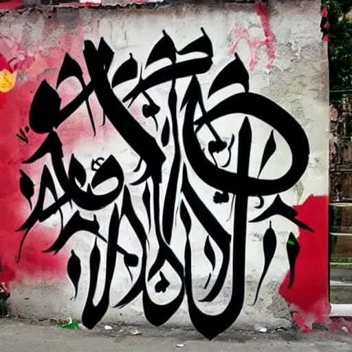 Image similar to arabic calligraphy, transylvanian folk art, in the style of graffiti, made by banksy