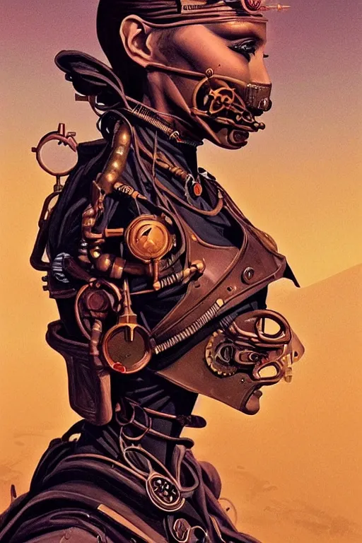 Image similar to sideview face portrait of a steampunk desert empress. by vincent di fate, james jean, dom qwek. inspired by igor goryunov andrei riabovitchev. art by paul lewin. madmax aesthetics. atmospherical, photorealistic retrofuturist concept art, trending on art station, cinematic, ultra detailed