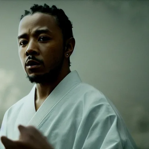 Image similar to cinematic film still of Kendrick Lamar starring as a Japanese Sensei with fire, Japanese CGI, VFX, 2003, 40mm lens, shallow depth of field, film photography