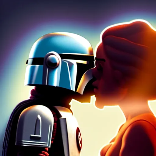 Prompt: mando from mandalorian kissing peter griffing from family guy ultra realistic, lens flare, atmosphere, glow, detailed, intricate, full of colour, cinematic lighting, trending on artstation, 4 k, hyperrealistic, focused, extreme details, unreal engine 5, cinematic, masterpiece, ultra realistic, hyper realistic, highly detailed, sharp focus, digital art